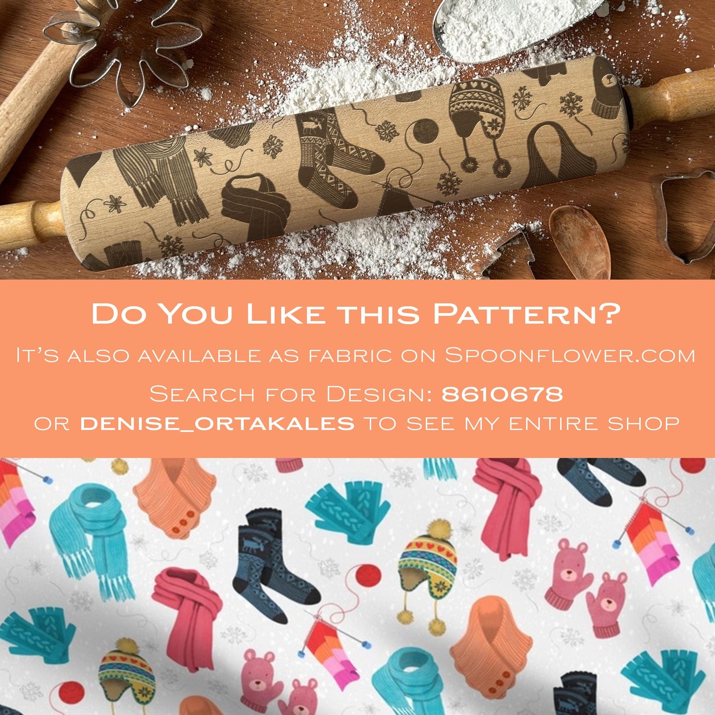 Wooden rolling pin with pattern on a wooden surface with flour, surrounded by fabric swatch with winter-themed design.