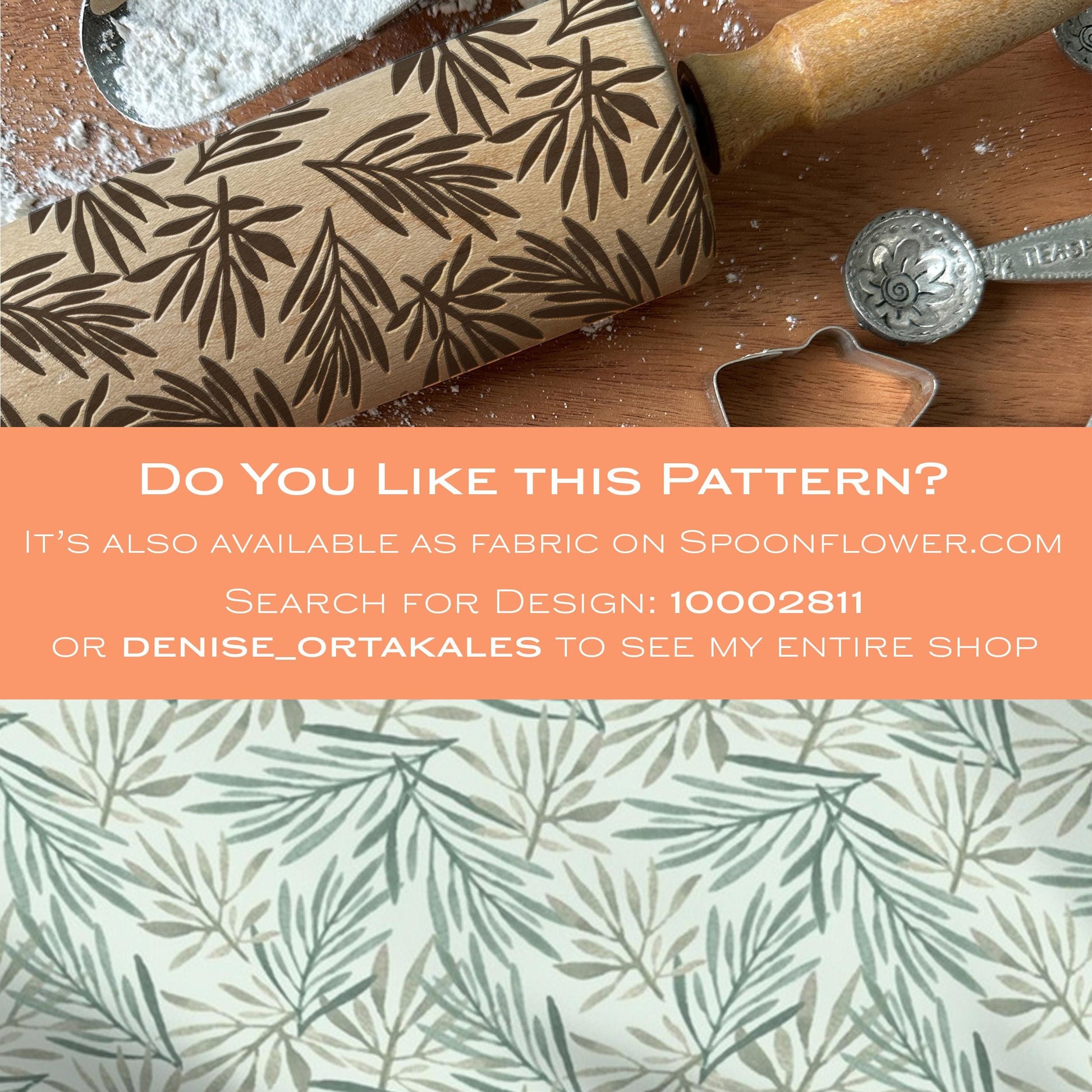 Rolling pin with leaf pattern on a wooden surface, promotional text overlay.