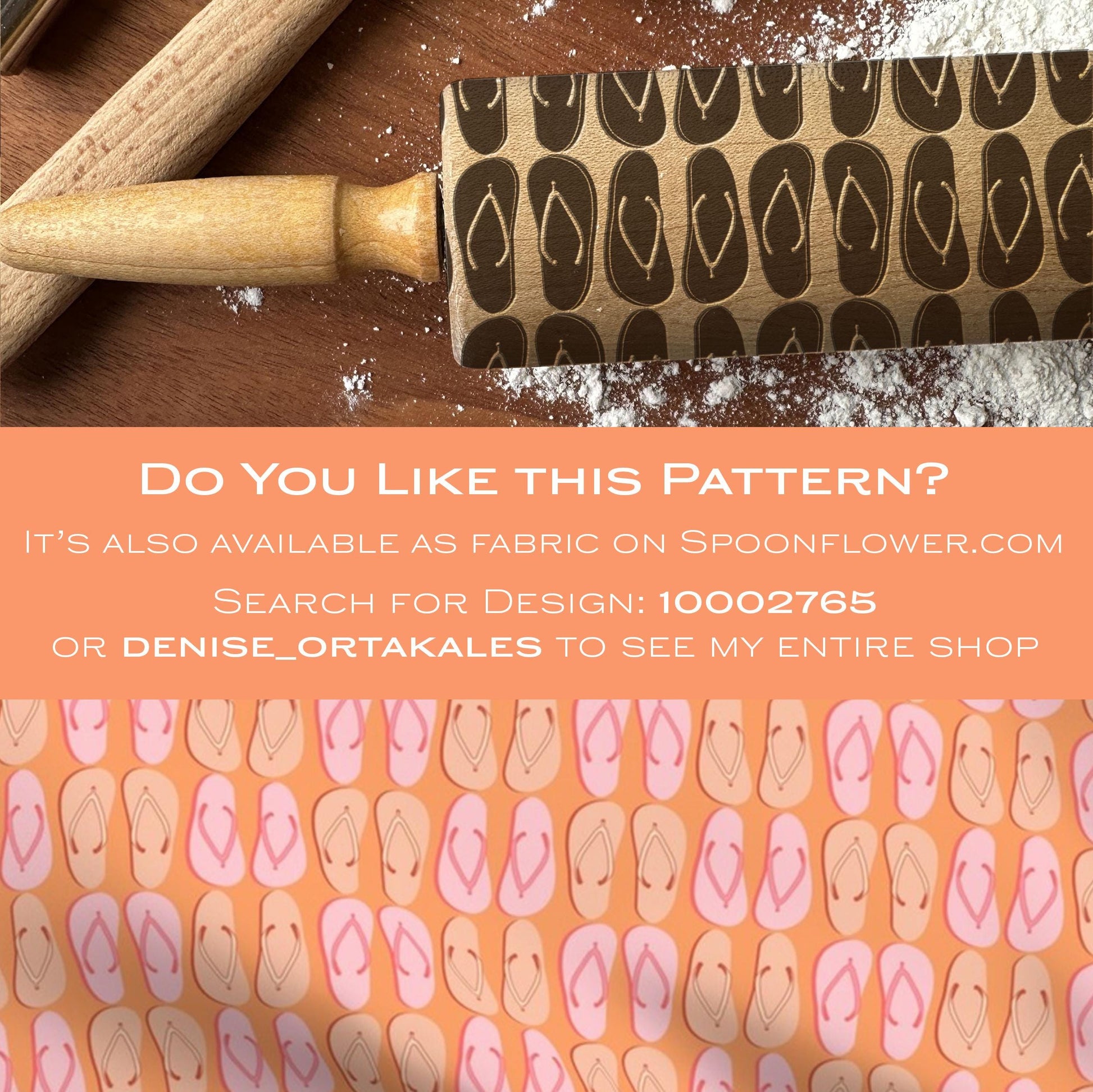 Rolling pin with patterned design on a wooden surface, promotional text overlay.