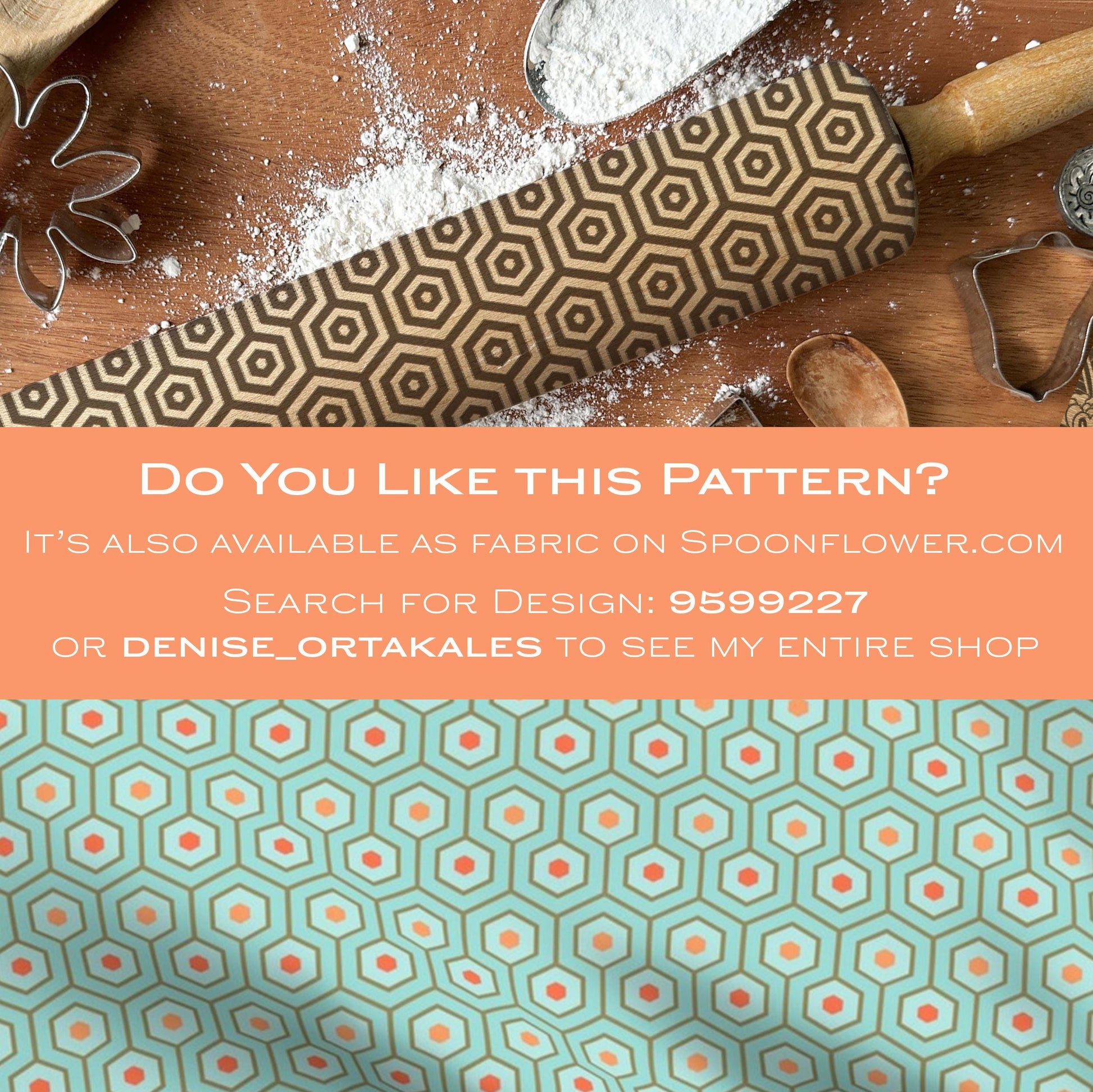 Patterned rolling pin on a wooden surface with text overlay about Spoonflower.com