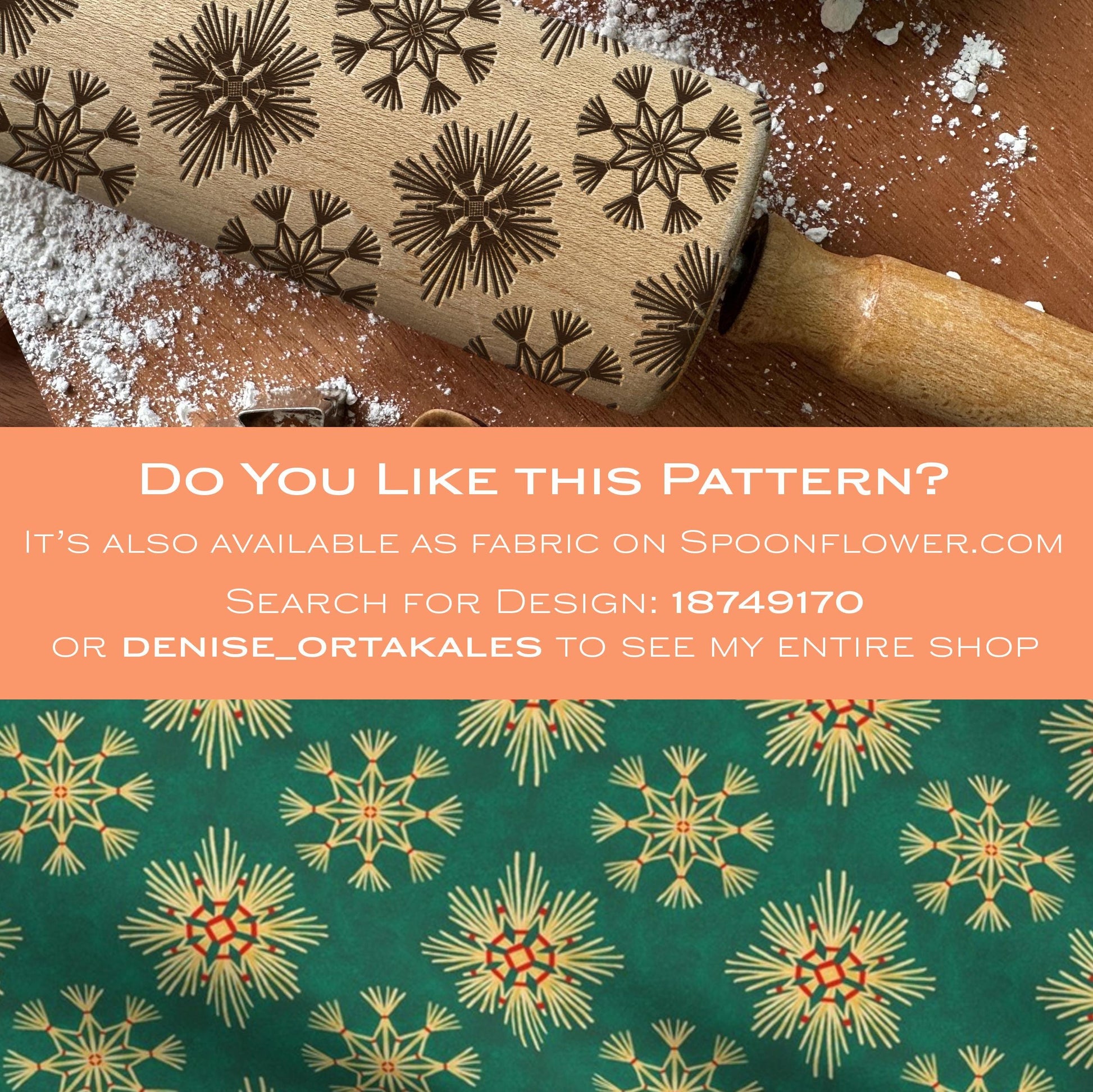 Wooden stamp with snowflake pattern on a wooden surface with flour, and a promotional banner for Spoonflower.com.
