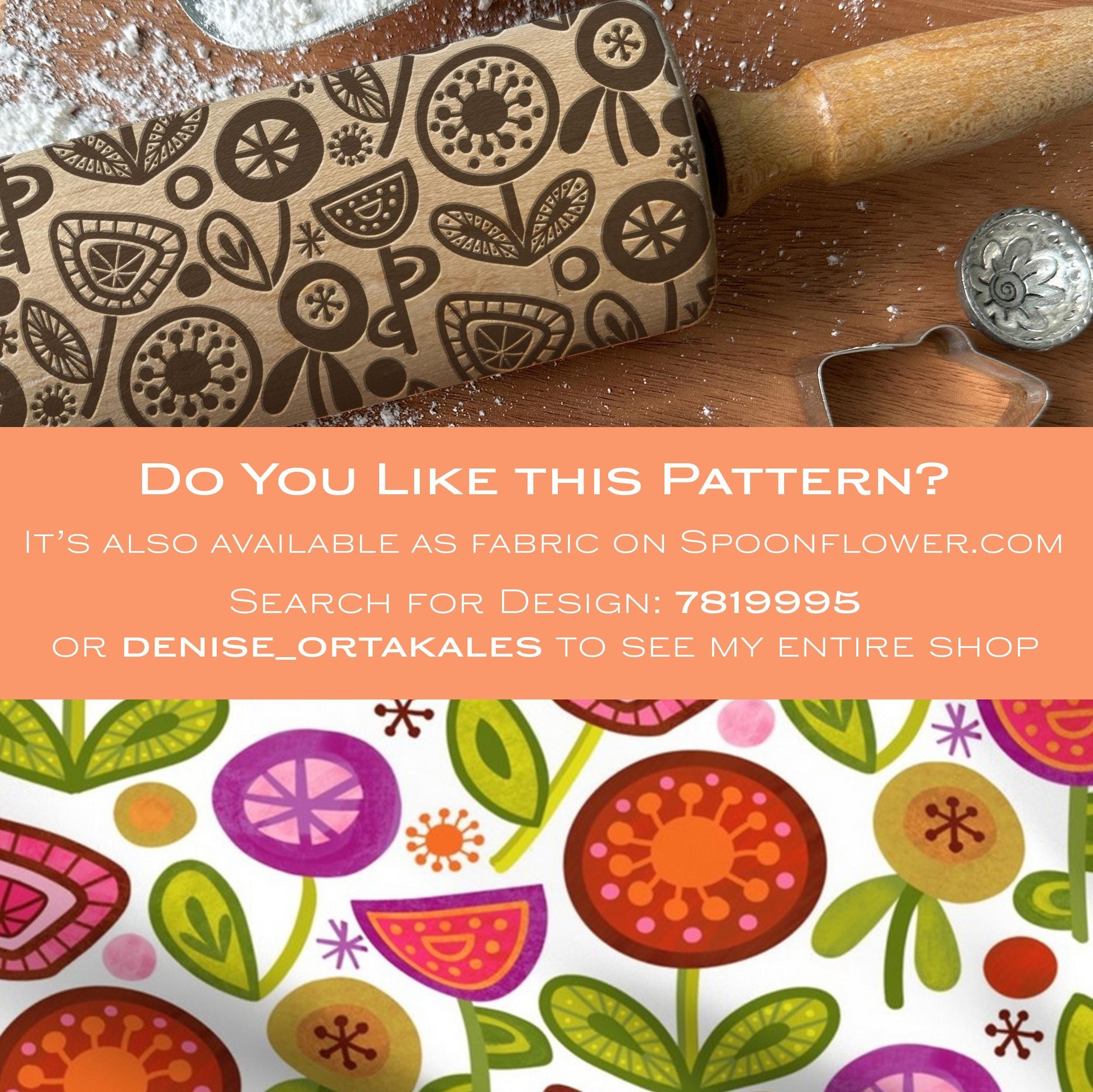 Patterned rolling pin on a wooden surface with promotional text for Spoonflower fabric design.
