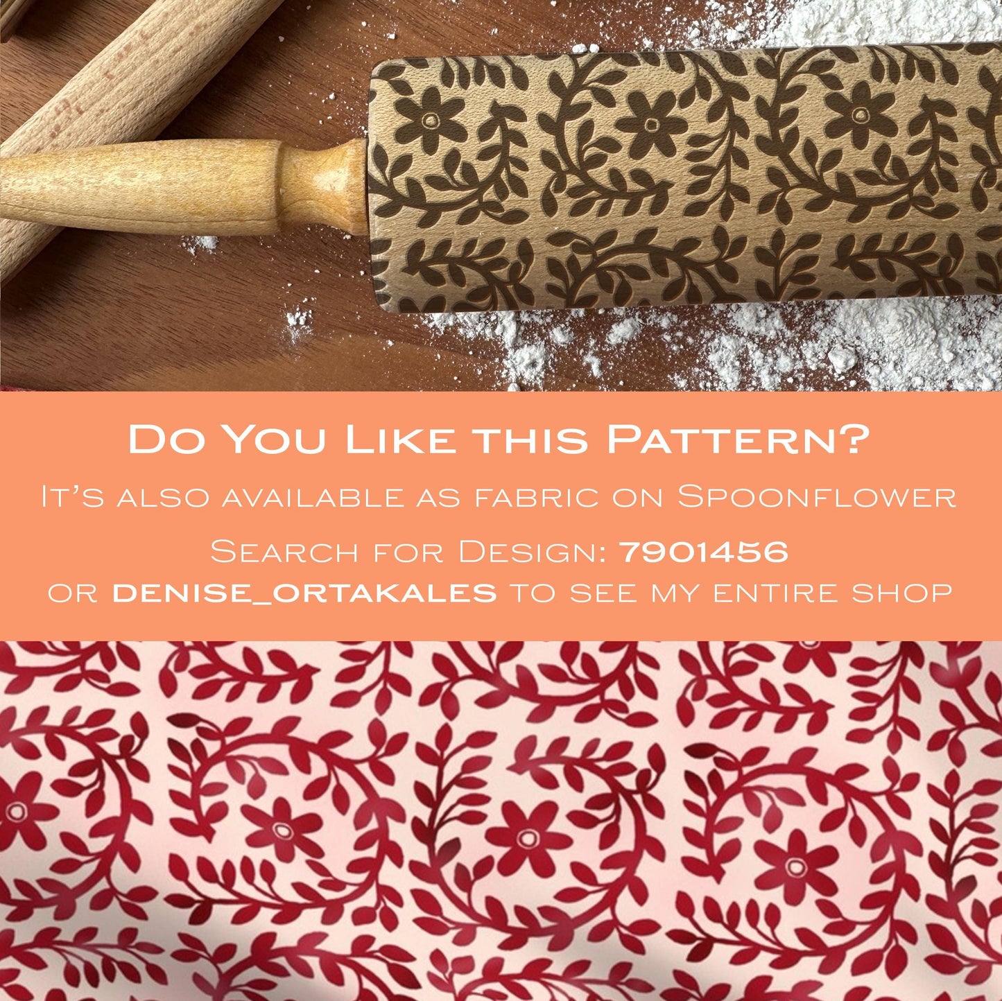 Patterned rolling pin on a wooden surface with promotional text overlay.