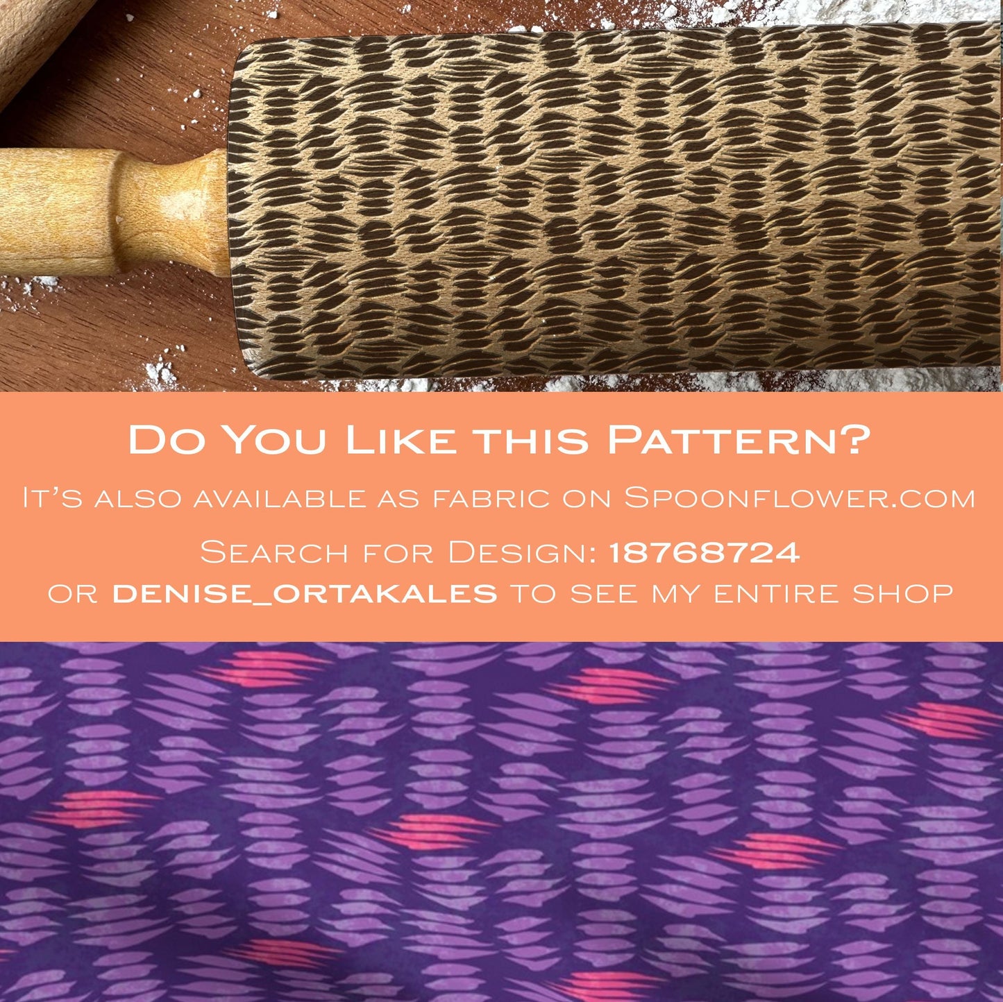 Textured brush with patterned fabric background and promotional text for Spoonflower.com