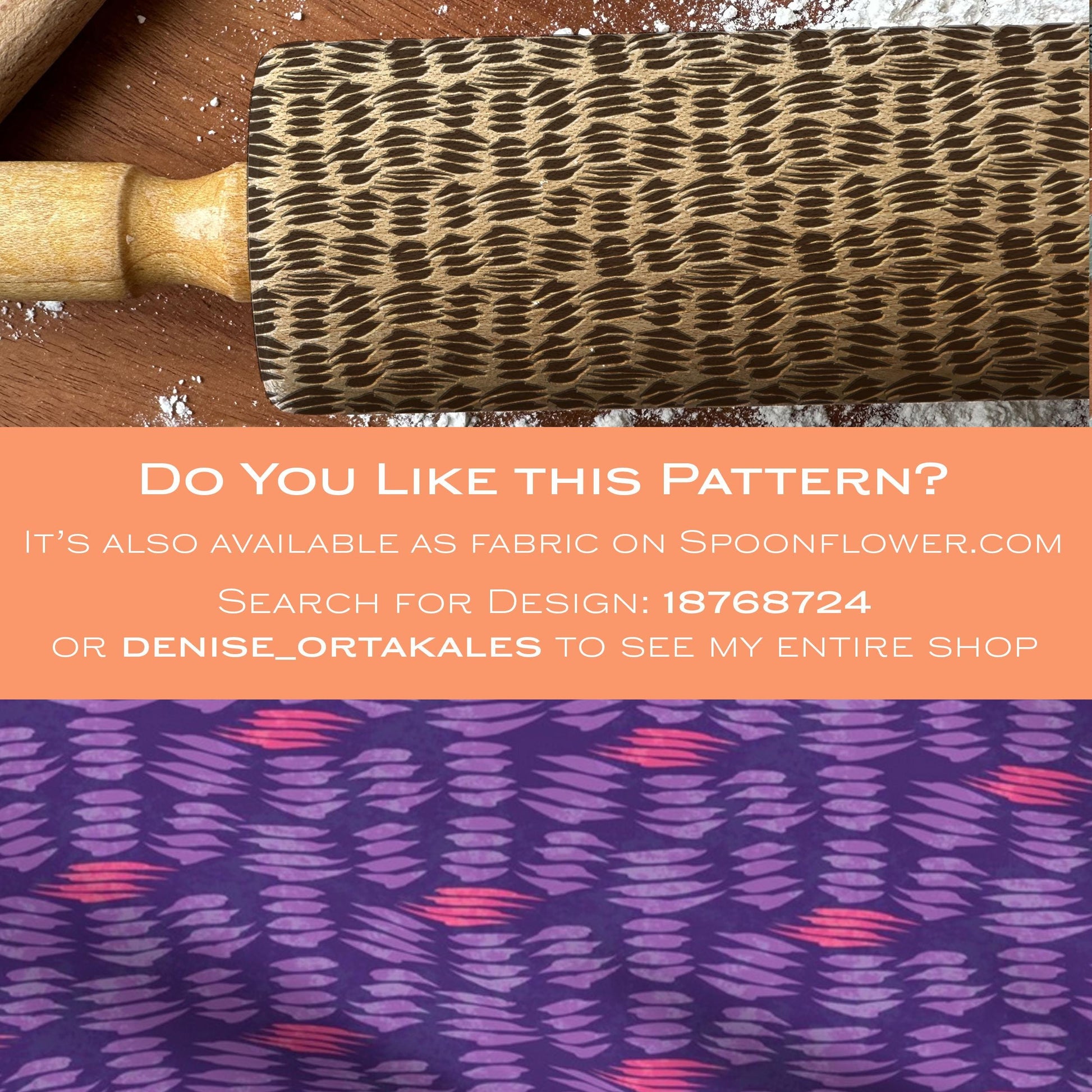 Textured brush with patterned fabric background and promotional text for Spoonflower.com