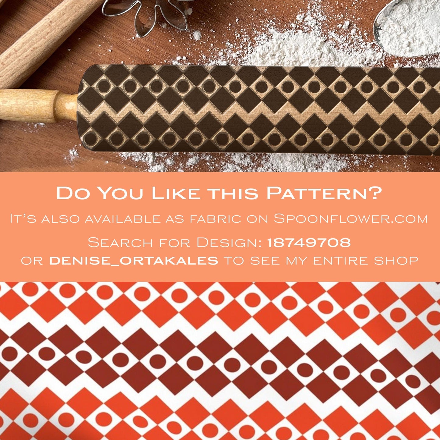 Patterned rolling pin on a wooden surface with text overlay promoting Spoonflower fabric design.