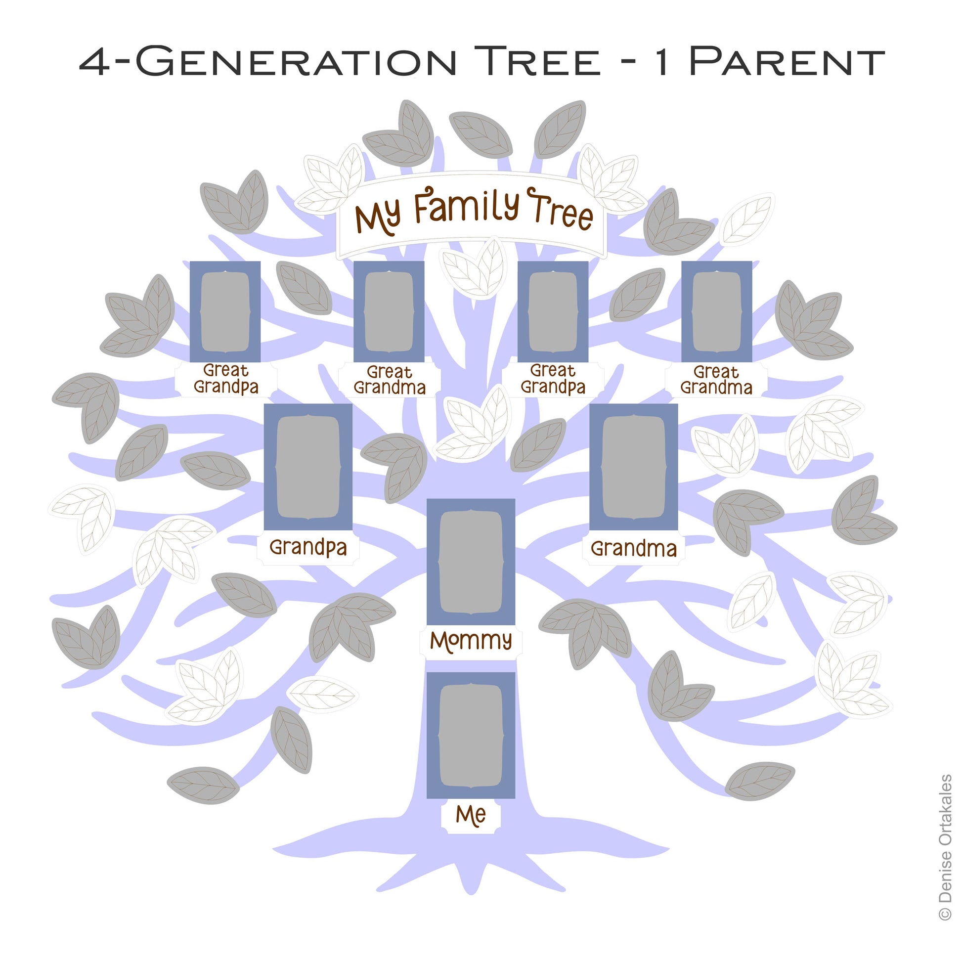 4-generation family tree with one parent on a white background