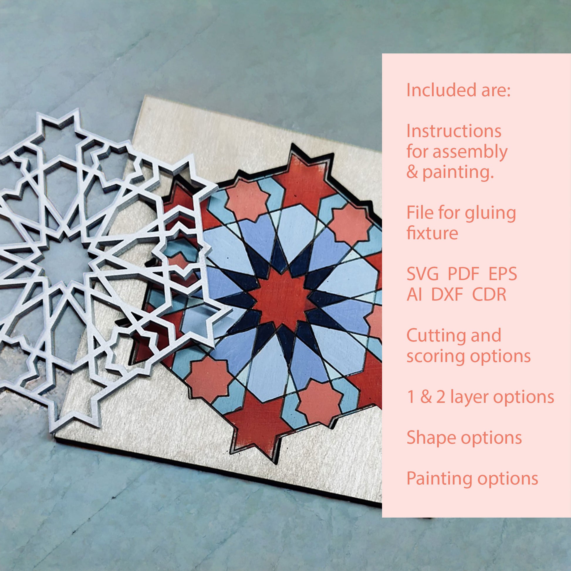 Decorative coaster with geometric design on a textured surface, accompanied by text about included resources.