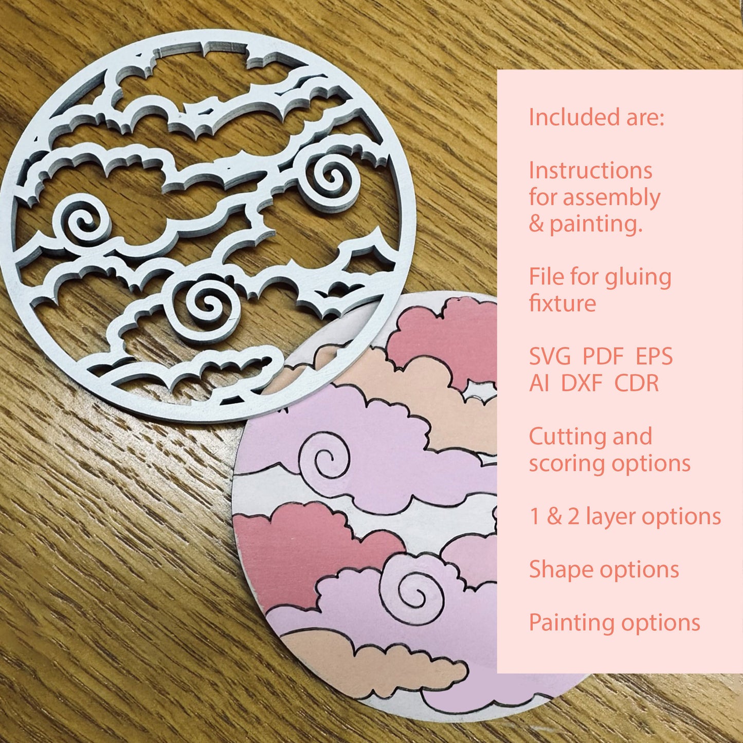 Decorative coaster with cloud design on a wooden surface, accompanied by text about file formats and options.