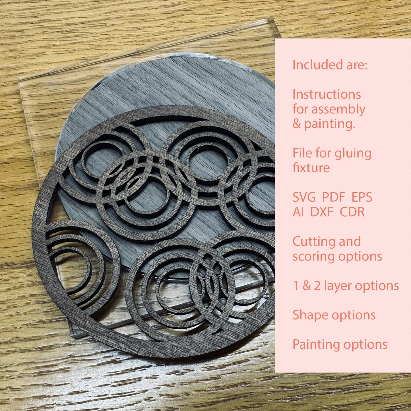 Wooden coaster with circular cutout design on a wooden surface, accompanied by text about file formats and options.