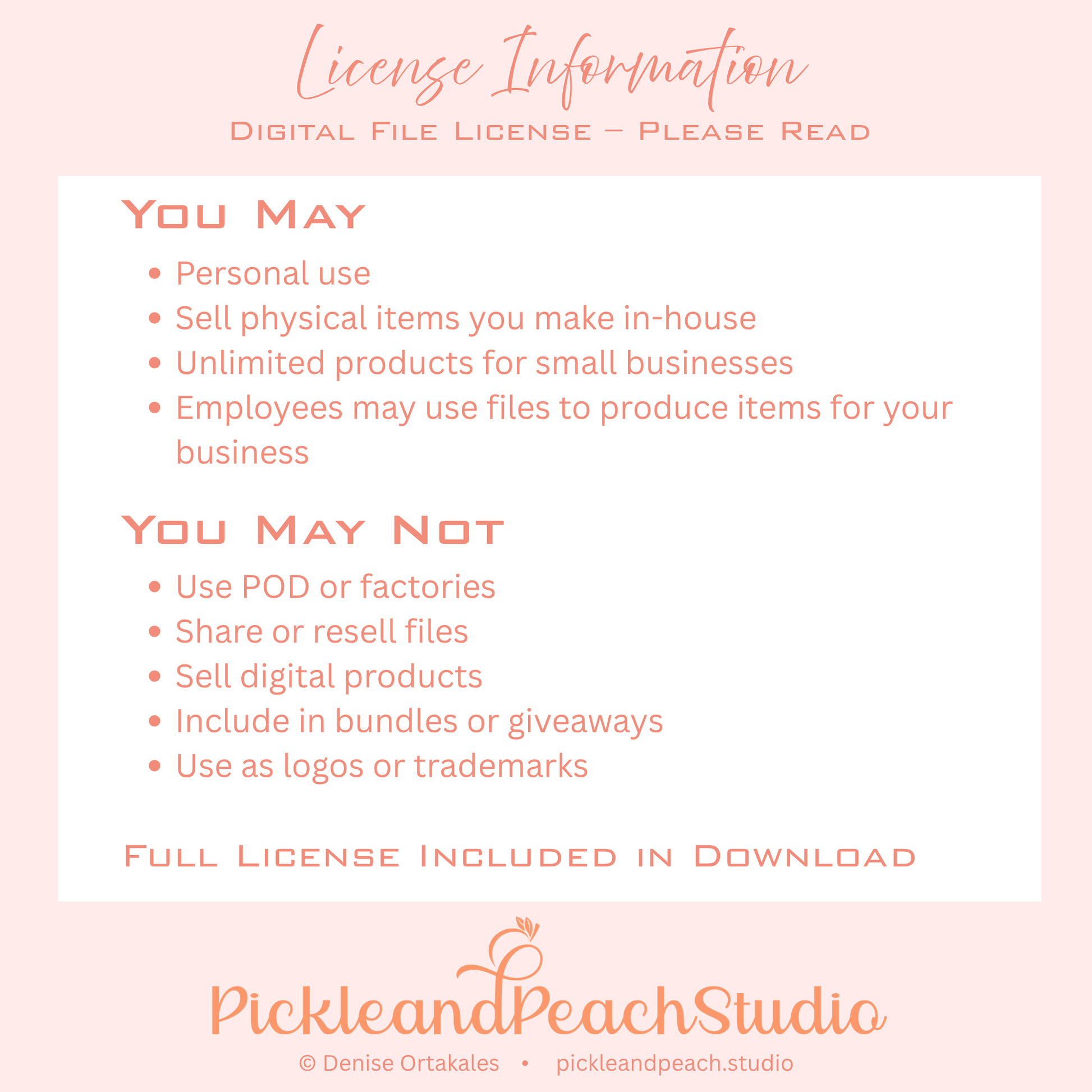 License information for PickleandPeachStudio on a pink background