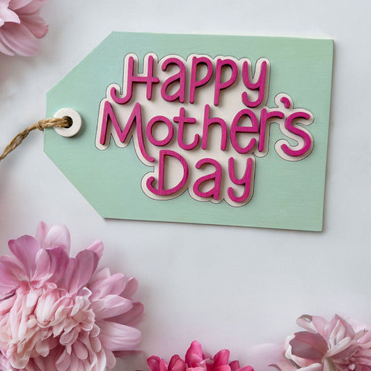 Happy Mother's Day tag with pink flowers on a light background