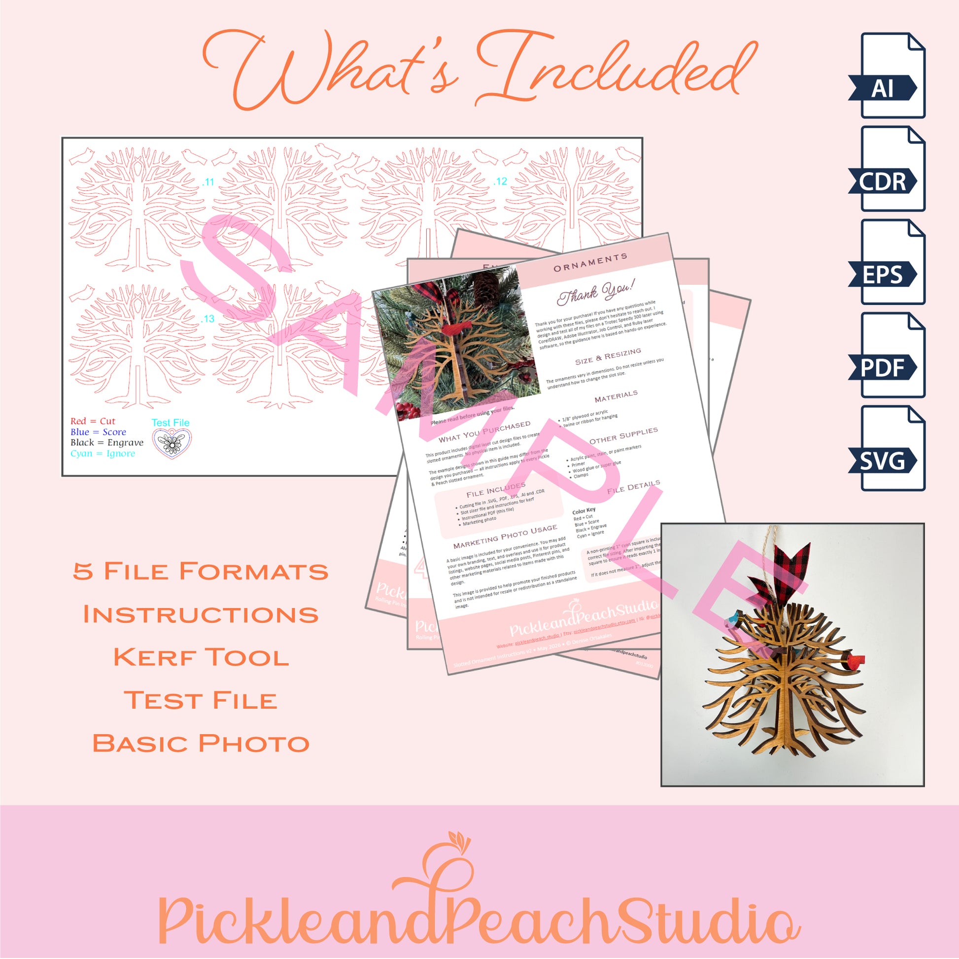 Promotional image of PickleandPeachStudio product with file formats and sample designs on a pink background.