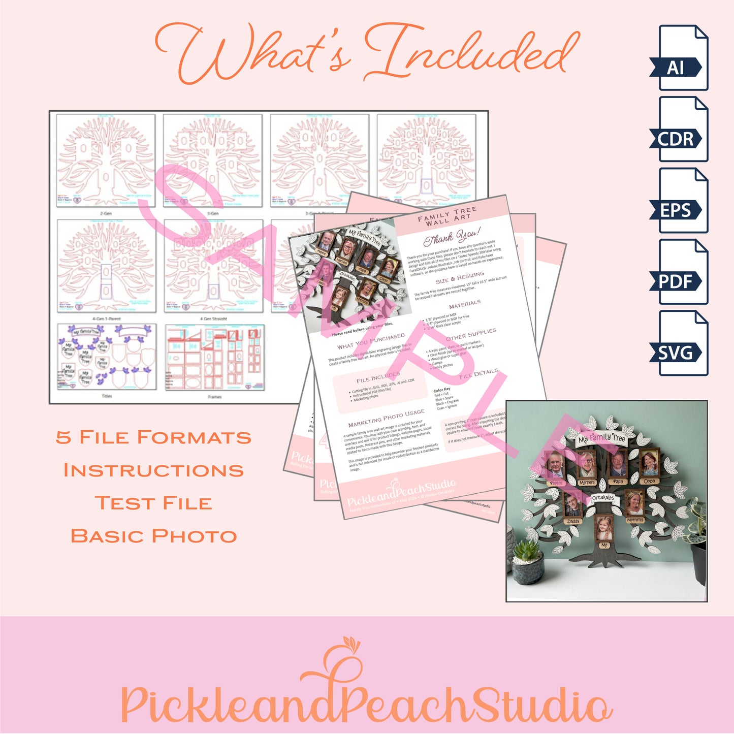 Promotional graphic for PickleandPeachStudio with file formats and product features on a pink background.