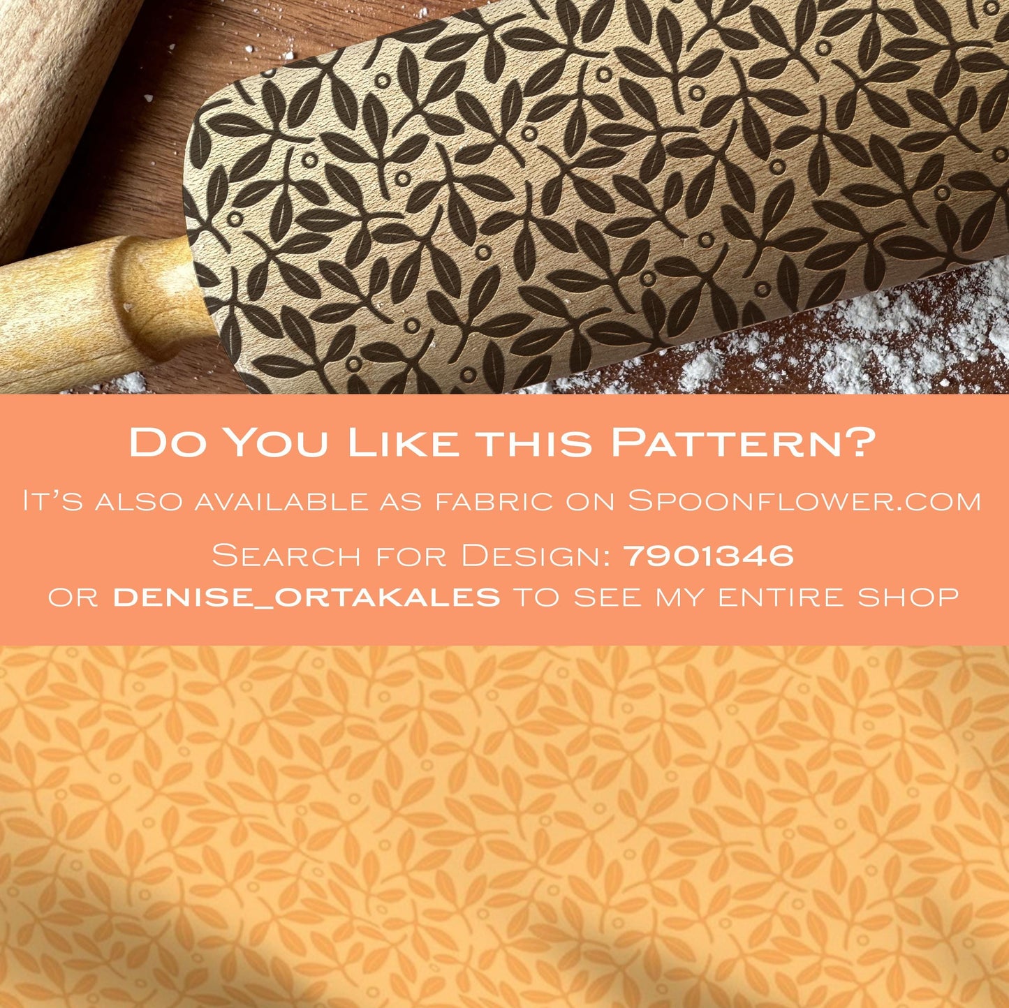 Wooden rolling pin with leaf pattern on a wooden surface, promotional text overlay.