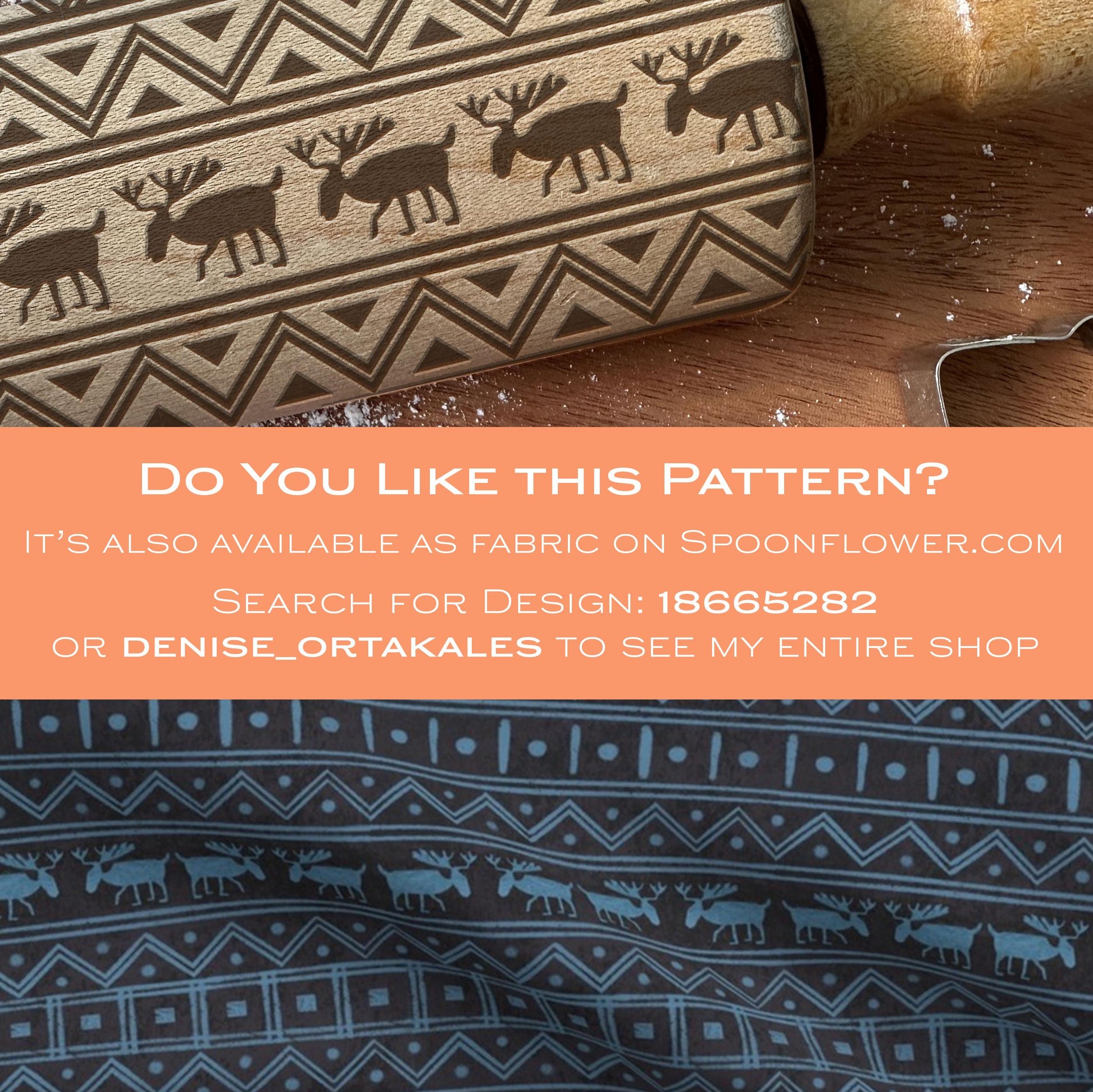 Patterned fabric with reindeer design on a wooden surface, promotional text overlay.