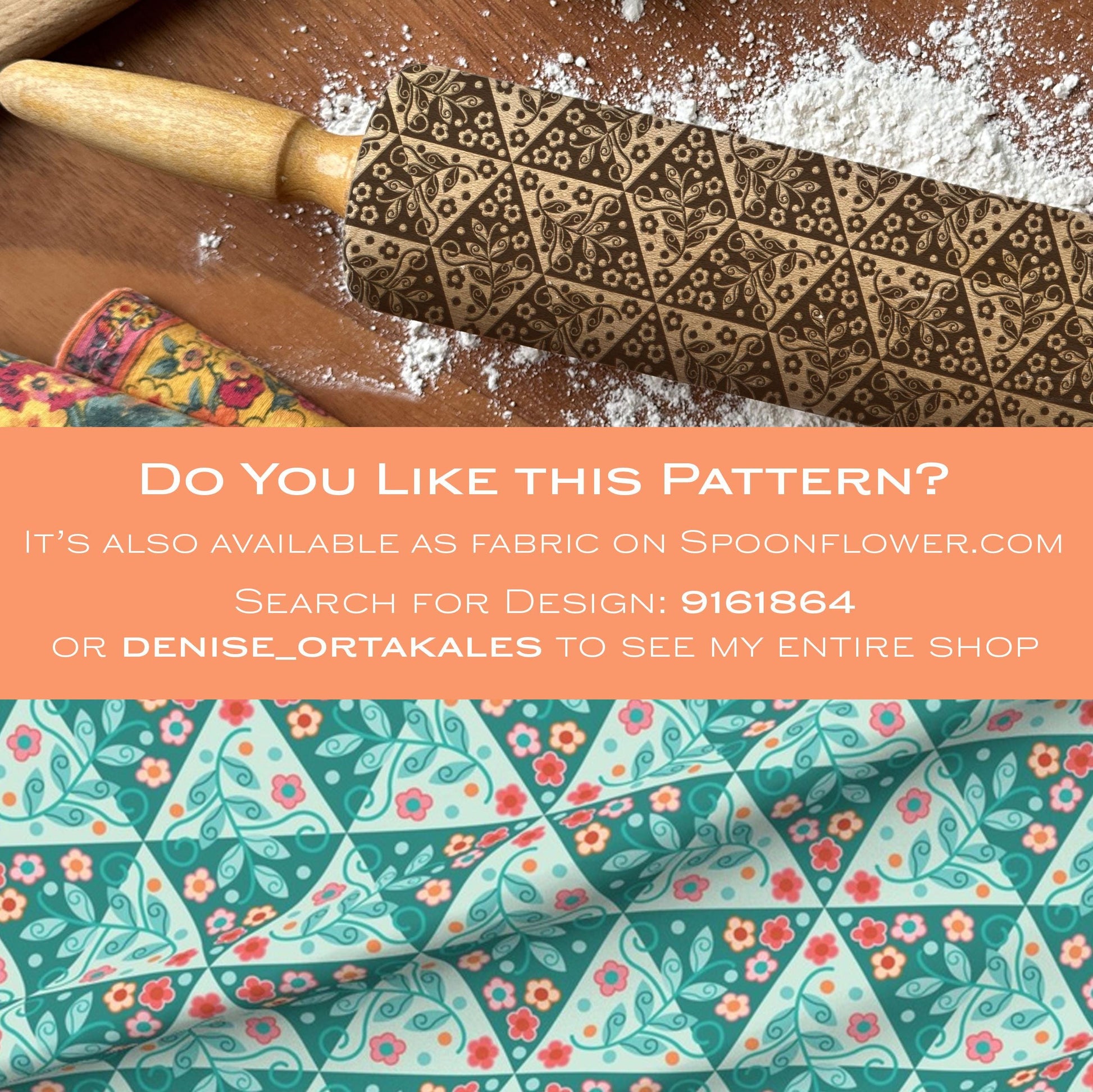 Patterned rolling pin on a wooden surface with text overlay about Spoonflower fabric design.
