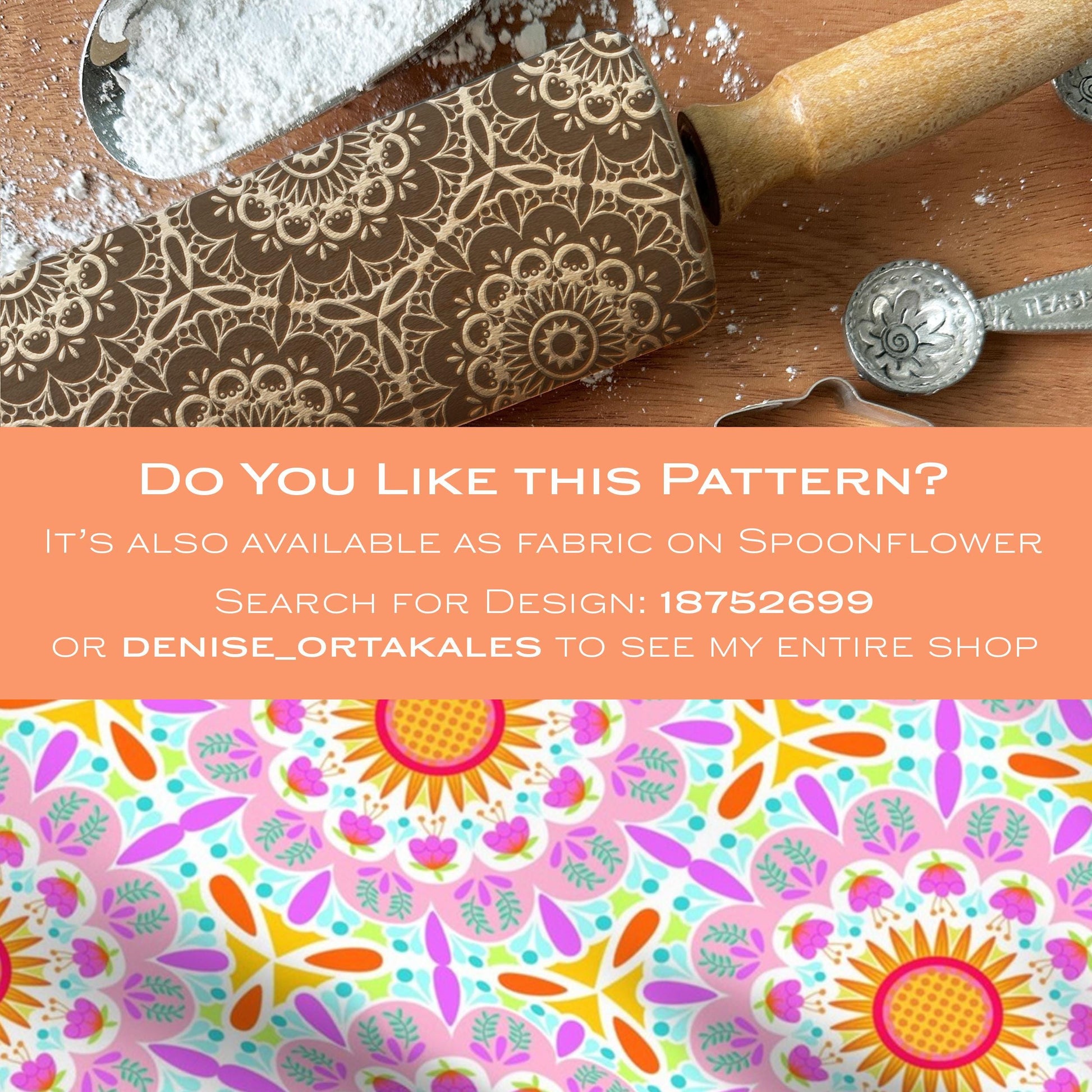 Patterned rolling pin and spoon on a wooden surface with promotional text overlay.