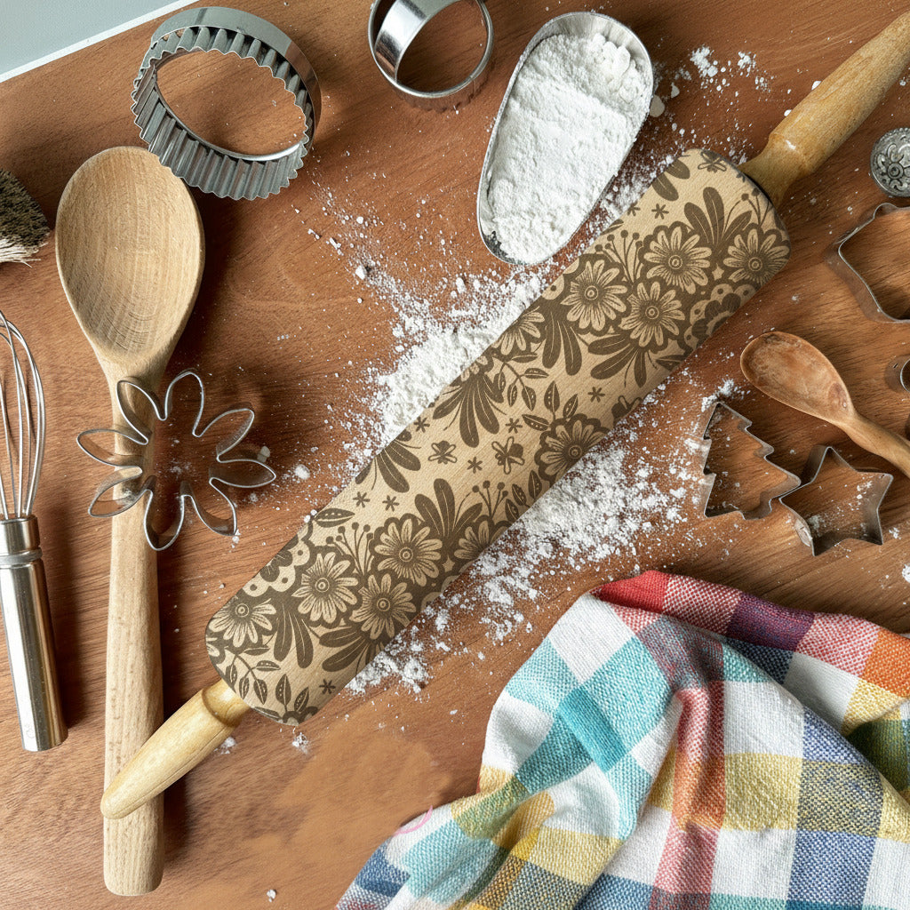Baking tools including a wooden spoon, rolling pin with floral pattern, and cookie cutters on a wooden surface with flour.