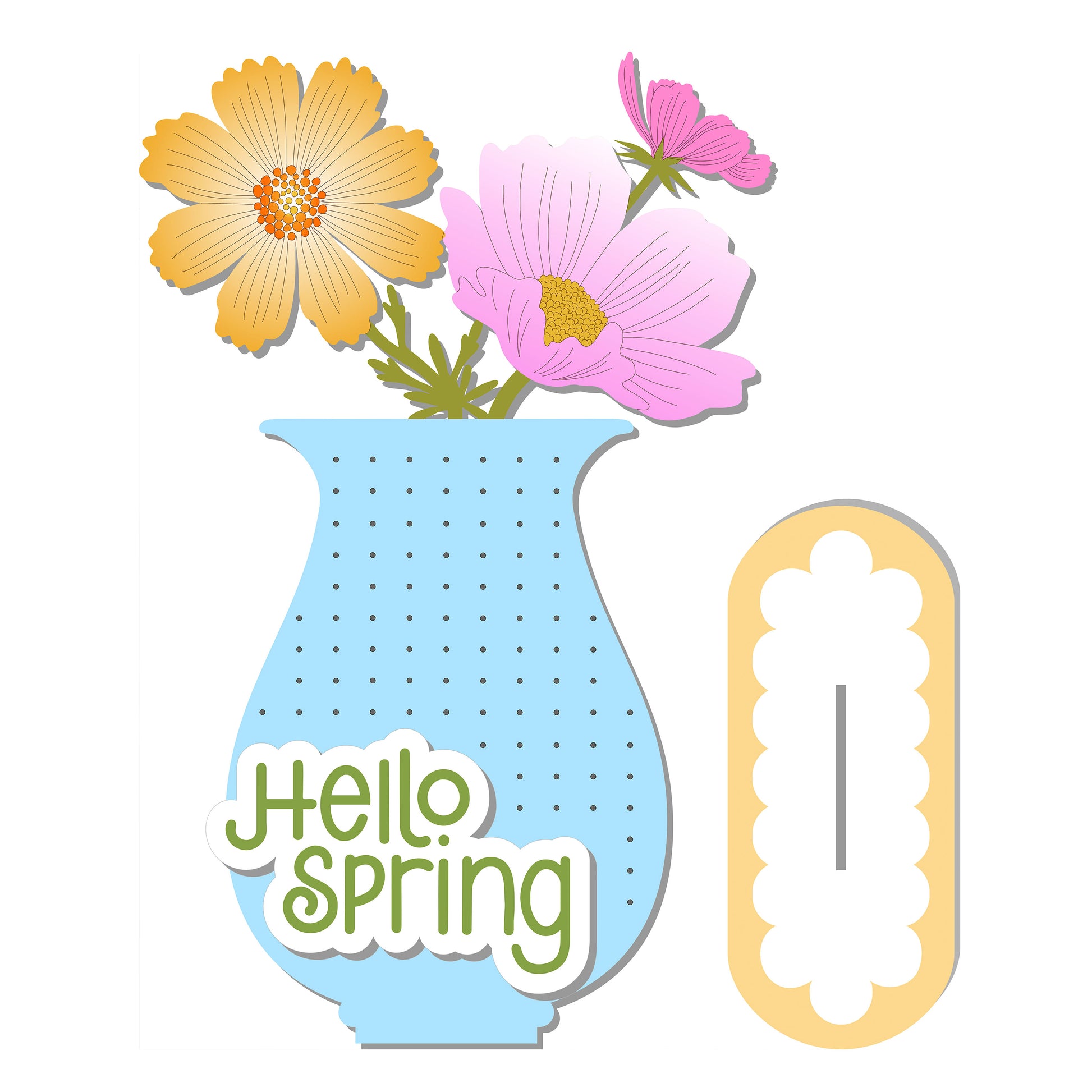 Decorative cutout with 'Hello Spring' text, flowers, and a vase on a white background
