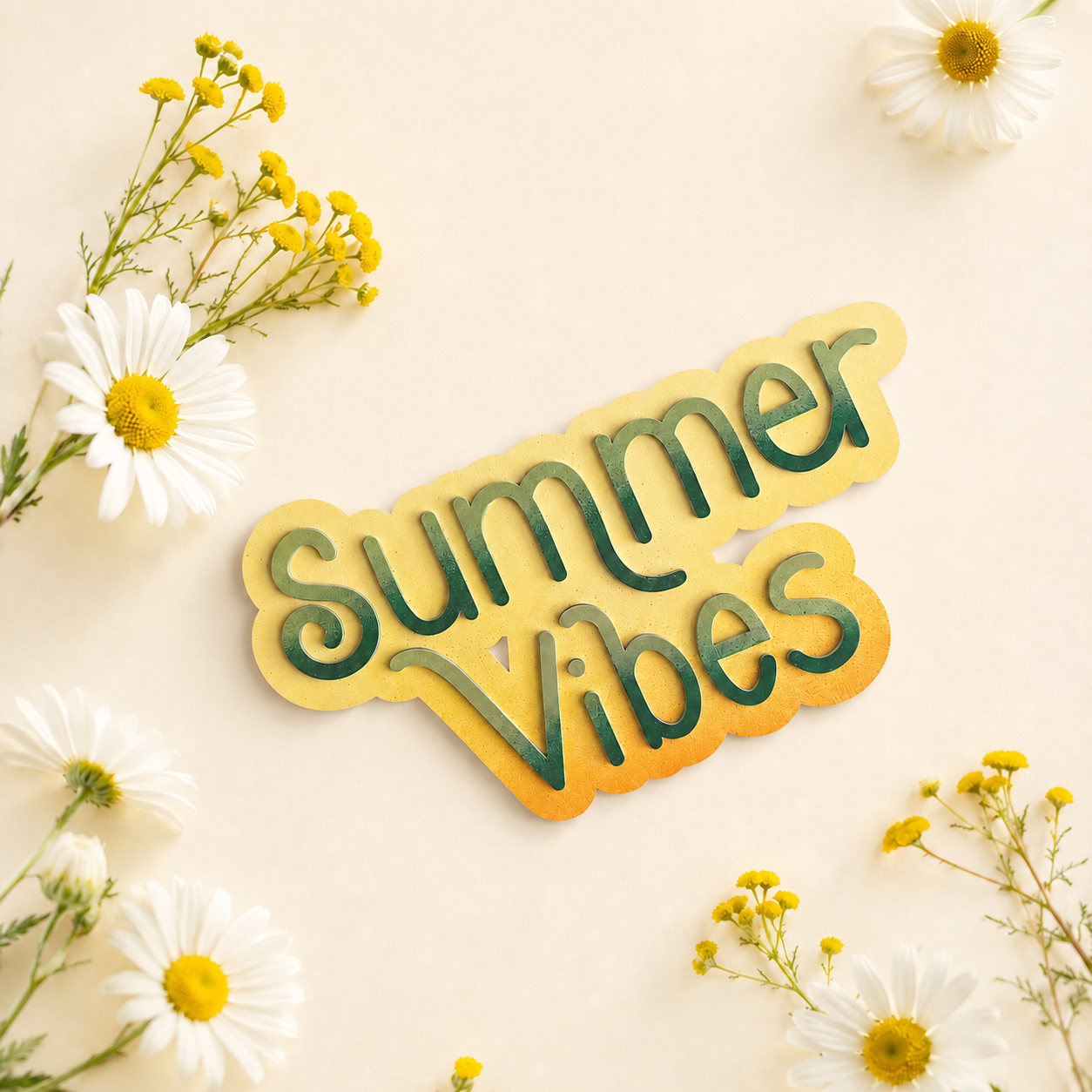 Decorative sign with text 'Summer Vibes' surrounded by flowers on a light background